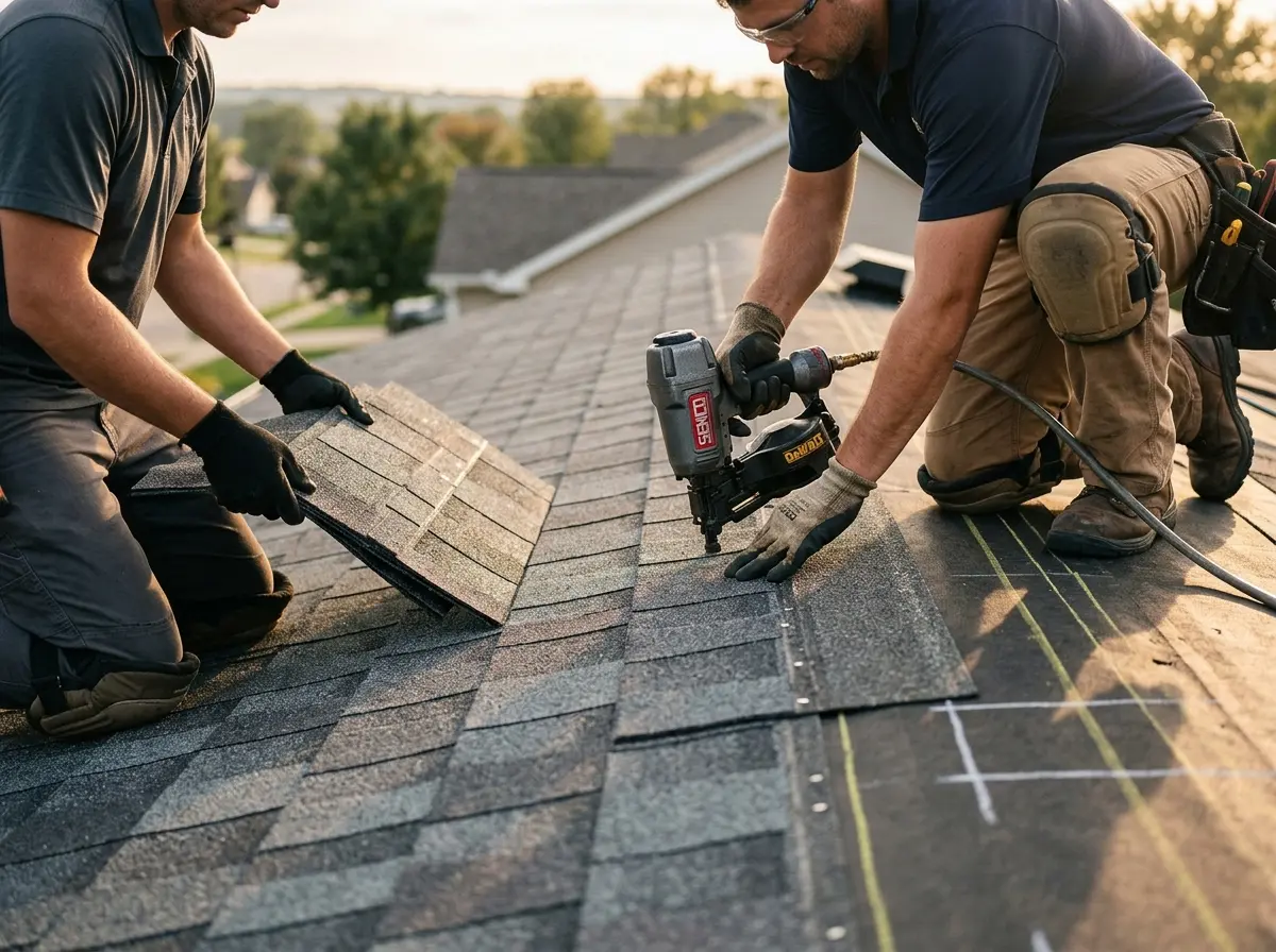 Professional roofer working on a residential roof in Upper Moreland
